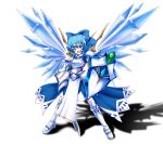  1girl :d alternate_costume armor blue_bow blue_eyes blue_hair boots bow cirno commentary_request detached_wings fantasy full_body hair_bow highres holding holding_shield holding_sword holding_weapon ice ice_wings looking_at_viewer matelia open_mouth shield short_hair simple_background smile solo sword touhou weapon white_background white_footwear wings 