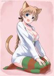  1girl absurdres ahoge animal_ears blue_eyes blush bra braid braided_ponytail breasts brown_hair cat_ears cat_tail cleavage hair_ribbon highres hiroshi_(hunter-of-kct) large_breasts long_hair looking_at_viewer lynette_bishop open_mouth pink_background ponytail ribbon shirt simple_background sitting smile solo strike_witches striped striped_thighhighs tail thighhighs underwear white_bra white_shirt world_witches_series 