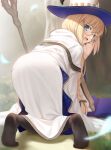  1girl absurdres ass bent_over besmiled blonde_hair blue_eyes blush braid brown_pantyhose cloak dress fate/grand_order fate_(series) glasses gold_trim hat highres long_hair looking_at_viewer looking_back pantyhose round_eyewear smile solo staff tonelico_(fate) white_cloak white_dress white_headwear witch_hat 