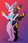  absurd_res beverage bikini clothing dangermons duo eeveelution espeon female generation_2_pokemon hi_res larger_female male male/female nervous nintendo pokemon pokemon_(species) size_difference smaller_male speedo swimwear umbreon 