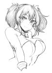  1girl blush bow bowtie breasts cleavage closed_mouth commentary_request greyscale hair_ribbon haseru_(ginku_mh) large_breasts leotard looking_at_viewer medium_hair monochrome original ribbon sidelocks smile solo two_side_up upper_body 
