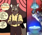  anthro biped black_body black_fur canid canine clothed clothing demon_core english_text eyebrows fingers fiz_(fruitz) fox fruitz fur hi_res humor male mammal open_mouth open_smile smile solo text yellow_eyes 