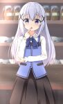  1girl black_skirt blue_bow blue_bowtie blue_hair blue_vest blush bow bowtie collared_shirt commentary_request feet_out_of_frame gochuumon_wa_usagi_desu_ka? hair_ornament highres indoors kafuu_chino light_blue_hair long_skirt long_sleeves open_mouth purple_eyes shirt skirt solo takasuma_hiro vest white_shirt x_hair_ornament 