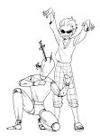 1boy aged_down arms_up blonde_hair donquixote_doflamingo full_body greyscale grin knife knife_in_head male_child male_focus marionette monochrome object_through_head one_knee one_piece prepbon puppet sandals shirt short_hair sketch smile sunglasses white_background white_shirt 