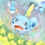  black_eyes blue_eyes bright_pupils closed_mouth commentary_request day flower grass in_water looking_at_viewer mudkip no_humans open_mouth outdoors partially_submerged pokemon pokemon_(creature) putto quagsire rain smile sobble swimming water white_flower white_pupils wooper yellow_flower 