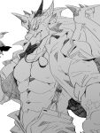  1boy abs bara bare_pectorals broken_fang claws collared_shirt commentary dragon_boy dragon_horns dragon_wings egg_necklace furry furry_male greyscale hand_up highres horns jacket jacket_on_shoulders large_pectorals male_focus monochrome muscular muscular_male nizitaro open_fly ophion_(housamo) pectorals scales shirt simple_background smile solo stomach suspenders tokyo_afterschool_summoners upper_body white_background wings 