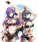  2girls 3: absurdres arm_up armband armpits ass_visible_through_thighs bare_arms bare_shoulders belt bikini black_belt black_bikini black_choker blue_eyes blue_hair byleth_(female)_(fire_emblem) byleth_(fire_emblem) choker commentary_request cowboy_shot dagger fire_emblem fire_emblem:_three_houses fire_emblem_heroes fire_emblem_warriors:_three_hopes flower hair_flower hair_ornament hibiscus highres knife long_hair looking_at_viewer multiple_girls navel official_alternate_costume purple_eyes purple_hair red_flower shez_(female)_(fire_emblem) shez_(fire_emblem) standing stomach swimsuit thighs umi_(_oneinchswing) very_long_hair weapon white_flower 