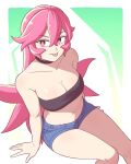  1girl arm_support blue_shorts breasts choker cleavage closed_mouth denim denim_shorts highres large_breasts long_hair looking_at_viewer original pink_eyes pink_hair rida_(vibrantrida) short_shorts shorts sitting smile solo strapless tongue tongue_out tube_top vibrantrida 