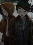  2boys animification beanie black_hair blonde_hair breath brown_jacket child cuf_nayl fur_hat gloves half-closed_eyes hat highres hood hooded_coat jacket kenny_mccormick male_focus multiple_boys navel open_mouth snot snow south_park stan_marsh terrance_&amp;_philip 