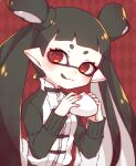  1girl :p argyle argyle_background baozi black_hair black_jacket blush closed_mouth eyelashes food holding holding_food inkling inkling_girl inuowour jacket long_hair multicolored_clothes multicolored_jacket pointy_ears red_background red_eyes solo splatoon_(series) tongue tongue_out twintails two-tone_jacket upper_body white_jacket 