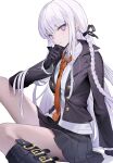  1girl absurdres black_footwear black_gloves black_jacket black_ribbon black_skirt blunt_bangs boots braid buttons collared_shirt commentary_request danganronpa:_trigger_happy_havoc danganronpa_(series) feet_out_of_frame finger_to_own_chin gloves hair_ribbon highres jacket kirigiri_kyoko knee_boots long_hair looking_at_viewer necktie purple_eyes purple_hair red_necktie ribbon seoji shirt side_braid sidelocks simple_background single_braid sitting skirt solo white_background white_shirt zipper 