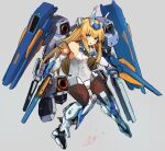  1girl aqua_eyes baselard black_pantyhose blonde_hair breasts doll_joints frame_arms_girl full_body grey_background hair_between_eyes highres holding holding_weapon joints leotard long_hair mecha_musume pantyhose parted_lips signature simple_background small_breasts solo sunday_aki very_long_hair weapon white_leotard 