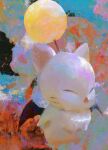  abstract_background bat_wings closed_eyes colorful creature faux_traditional_media final_fantasy floating from_side full_body highres moogle no_humans no_mouth painterly solo whiskers white_fur wings yuming_li 