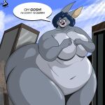  2023 anthro apology artist_logo belly big_breasts big_butt blue_eyes blue_hair blush breasts building building_destruction butt chrisandcompany city cityscape cloud collarbone dialogue digital_drawing_(artwork) digital_media_(artwork) embarrassed english_text eyelashes fannie_(chrisandcompany) featureless_breasts female fur grey_body grey_fur hair hi_res huge_breasts huge_butt lagomorph lens_flare leporid logo macro mammal navel nude outside overweight overweight_anthro overweight_female portrait rabbit sky solo speech_bubble text thick_thighs three-quarter_portrait three-quarter_view watermark wide_hips 
