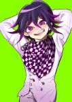  1boy :d arms_behind_head buttons cowboy_shot danganronpa_(series) danganronpa_v3:_killing_harmony double-breasted green_background grey_jacket grey_pants hair_between_eyes highres jacket long_sleeves looking_at_viewer male_focus oma_kokichi pants purple_eyes purple_scarf scarf shachoo_(poco_poco) simple_background smile solo teeth white_scarf 