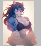  abs anthro biceps big_breasts blue_body blue_fur blue_hair blush breasts canid canine canis clothed clothing d.angelo female fur hair hi_res hopey humanoid mammal muscular muscular_female smile solo wolf 