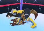  anthro arachnid arthropod ashardy athletic athletic_female boots canid canine clothing duo female fighting_ring footwear hair holding_arms humanoid hyena legs_above_head mammal mask multi_eye pinned spider sports_mask sportswear spots spotted_hyena wrestling wrestling_mask 