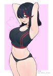  1girl armpits arms_behind_head arms_up black_hair black_panties blue_eyes breasts dazz_chan highres kill_la_kill large_breasts looking_at_viewer matoi_ryuuko multicolored_hair navel open_mouth panties red_hair short_hair sweat underwear 