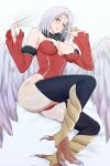  1girl absurdres bird_legs black_thighhighs blush breasts commentary detached_sleeves english_commentary feathered_wings forehead_jewel frey_(tensei_shitara_slime_datta_ken) harpy highres large_breasts leotard lips looking_at_viewer monster_girl red_leotard reofenja smile solo talons tensei_shitara_slime_datta_ken thighhighs thighs white_hair wings yellow_eyes 