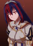  1girl absurdres alear_(female)_(fire_emblem) alear_(fire_emblem) blue_eyes blue_hair closed_mouth fire_emblem fire_emblem_engage hair_between_eyes heterochromia highres long_hair looking_at_viewer multicolored_hair red_eyes red_hair ribbon solo split-color_hair tiara to_(tototo_tk) two-tone_hair white_ribbon 