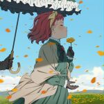  1girl absurdres black_gloves blue_sky closed_eyes dress flower frilled_dress frills from_side gloves green_dress hairband highres holding holding_flower medium_hair mochi_(m0chi0000) original parasol petals red_hair sky umbrella 