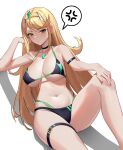  1girl absurdres anger_vein bare_shoulders bikini black_bikini blonde_hair blush breasts chest_jewel earrings headpiece highres jewelry large_breasts long_hair looking_at_viewer mythra_(xenoblade) navel northman solo speech_bubble swept_bangs swimsuit thigh_strap tiara tsundere very_long_hair xenoblade_chronicles_(series) xenoblade_chronicles_2 yellow_eyes 