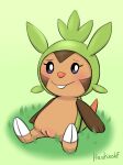  blue_eyes blush brown_body chespin eyelashes female feral generation_6_pokemon genitals grass green_background green_body heshieokf hi_res nintendo plant pokemon pokemon_(species) pussy sheepish_grin signature simple_background solo 