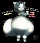  anthro big_butt black_eyes bottomless butt canid canine canis clothed clothing domestic_dog english_text exclamation_point female grey_hair hair hi_res huge_butt huge_hips huge_thighs hyper hyper_butt looking_at_viewer looking_back mammal one_eye_closed onomatopoeia open_mouth shirt solo sound_effects tem temmie_(undertale) text thick_thighs topwear undergroundj undertale undertale_(series) white_body wide_hips wink 