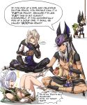  2girls 3boys absurdres albedo_(genshin_impact) animal_ear_fluff animal_ears black_gloves black_hair blonde_hair buhbuhbored capelet choker coat collei_(genshin_impact) cyno_(genshin_impact) dark-skinned_male dark_skin dress earrings english_text food fox_boy fox_ears fruit genshin_impact gloves green_hair hair_between_eyes hair_over_one_eye hat highres holding jackal_ears jewelry joke laughing long_hair long_sleeves multicolored_hair multiple_boys multiple_girls nahida_(genshin_impact) noose open_mouth pun purple_eyes red_eyes shirt short_hair streaked_hair tighnari_(genshin_impact) white_background white_hair wooden_stool 