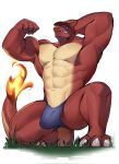  abs anthro biceps biped blue_clothing blue_eyes blue_underwear bottomwear bulge claws clothing dragon fangs fire flaming_tail flexing hat headgear headwear hi_res iam_chuz kneeling looking_at_viewer male male/male muscular muscular_anthro muscular_arms muscular_legs muscular_male muscular_thighs navel pecs red_body simple_background solo solo_focus tail teeth triceps underwear white_background white_claws 