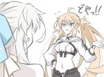  2girls anger_vein angry aqua_eyes artoria_caster_(fate) artoria_pendragon_(fate) blonde_hair fate/grand_order fate_(series) long_hair morgan_le_fay_(fate) multiple_girls ouka0270 ribbon smug swimsuit white_hair 