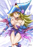  1girl aoi_manabu bare_shoulders blonde_hair blue_choker blue_footwear blue_headwear blush blush_stickers breasts choker cleavage closed_mouth commission dark_magician_girl green_eyes hat holding holding_wand large_breasts long_hair pussy_juice skeb_commission solo sweat torn_clothes vambraces wand wizard_hat yu-gi-oh! yu-gi-oh!_the_dark_side_of_dimensions 