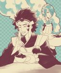  azama_(fire_emblem) blue_hair brown_hair chopsticks closed_eyes fire_emblem fire_emblem_fates food hairband hallo-byby headband looking_to_the_side oven_mitts setsuna_(fire_emblem) smoke 