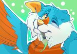  anthro blue_body blue_fur brush canid canine canis domestic_dog dragon fluffy fur happy hi_res male mammal neptunelynxx orange_body orange_fur paint paintbrush solo star tropical(neptunelynxx) winged_dragon wings 