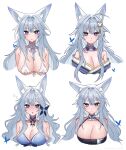  1girl absurdres animal_ear_fluff animal_ears azur_lane bare_shoulders bikini blue_dress breasts butterfly_hair_ornament cleavage cropped_torso dress drunk fox_ears fox_girl hair_ornament highres japanese_clothes kimono large_breasts long_hair looking_at_viewer mole mole_under_eye moyashi-zakana official_alternate_costume purple_eyes race_queen shinano_(azur_lane) shinano_(dreams_of_the_hazy_moon)_(azur_lane) shinano_(dreamy_white_sands)_(azur_lane) shinano_(moonlit_chrome)_(azur_lane) sidelocks simple_background sweatdrop swimsuit white_background white_bikini white_hair 