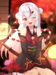  1girl :3 autumn autumn_leaves bell blurry blurry_foreground blush detached_sleeves double_bun dress falling_petals gradient_hair hair_bell hair_bun hair_ornament hands_on_own_thighs highres hololive horns japanese_clothes long_hair long_sleeves multicolored_hair nakiri_ayame obi open_mouth petals red_eyes red_hair rope sash shimenawa sitting skin-covered_horns sleeveless sleeveless_dress smile socks solo streaked_hair sword two-tone_hair two_side_up very_long_hair wariza weapon white_hair yossie_slime 