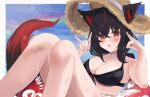  1girl absurdres animal_ear_fluff animal_ears bikini black_bikini black_hair blush braid breasts cleavage commentary_request double_fox_shadow_puppet earrings ears_through_headwear fox_ears fox_girl fox_shadow_puppet fox_tail hair_between_eyes hat highres hololive innertube jewelry kurokami_fubuki long_hair looking_at_viewer medium_breasts multicolored_hair open_mouth pentagram rainbow red_eyes red_hair sidelocks single_braid siyara_amau solo straw_hat streaked_hair swimsuit tail virtual_youtuber wet 