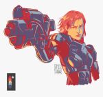  1girl afterlaughs artist_logo body_armor color_guide commander_shepard commander_shepard_(female) commentary english_commentary gun holding holding_gun holding_weapon limited_palette looking_at_viewer mass_effect mass_effect_(series) short_hair simple_background solo upper_body weapon white_background 
