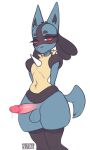  absurd_res anthro balls blush blush_lines dripping fluffy generation_4_pokemon genitals girly hands_behind_back hi_res humanoid_genitalia looking_at_viewer lucario male nintendo penis pokemon pokemon_(species) smile solo sparklyon3 