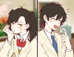  1boy 1girl :d ^_^ asymmetrical_bangs black_hair blazer blue_necktie blurry blurry_background bow bowtie breast_pocket closed_eyes collared_shirt enomoto_takane flying_sweatdrops green_sweater_vest hair_between_eyes jacket jitome kagerou_project kokonose_haruka long_sleeves looking_away medium_hair mokemoke_chan mole mole_under_eye necktie open_mouth parted_lips pocket pointing pointing_at_self red_bow red_bowtie school_uniform shirt short_hair smile split_screen sweater_vest twintails unamused upper_body white_jacket white_shirt yellow_eyes yellow_sweater_vest 