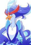  1boy beak bird blue_eyes blue_feathers blue_fur blue_hair body_fur duck feathers jewelry looking_at_viewer looking_to_the_side necklace open_mouth peacock pokemon pokemon_(creature) pokemon_(game) pokemon_sv quaquaval tail white_fur 