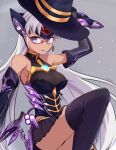 1girl artist_name bare_shoulders black_headwear breasts chest_jewel cleavage commentary_request dark-skinned_female dark_skin detached_sleeves elbow_gloves glasses gloves highres long_hair looking_at_viewer makibane_(mkbane) purple_eyes simple_background smile solo t-elos thighhighs very_long_hair white_hair xenoblade_chronicles_(series) xenoblade_chronicles_2 