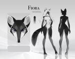  2023 anthro artist_name black_body black_nose breasts butt canid dated featureless_breasts featureless_crotch female fiora_(ruxandra) front_view glistening glistening_eyes grey_body hair hi_res inner_ear_fluff long_hair looking_at_viewer mammal model_sheet mouth_closed nude purple_eyes rear_view reflection solo standing tuft unknowhiter white_body white_hair white_inner_ear_fluff 