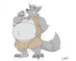 2018 anthro belly big_belly bone bulge canid canine canis canson clothed_anthro clothed_male colored countershade_torso countershading fully_inside fur grey_body grey_fur male mammal navel oral_vore picking_teeth sharp_teeth signature solo tail teeth vore wolf 