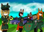 anthro averi_(fiddleafox) brown_body brown_fur canid canine chick-fil-a clothing detailed_background dipstick_tail female female_anthro fox fur gloves_(marking) green_clothing green_eyes gromit_mug group gun hair hat headgear headwear hi_res leg_markings mammal markings motorcycle ranged_weapon sky socks_(marking) standing tagme tail tail_markings truck unknown_artist unknown_character vehicle weapon white_body white_fur 