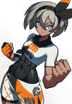  1girl bea_(pokemon) bite_addict black_bodysuit black_hairband bodysuit bodysuit_under_clothes bow_hairband clenched_hands closed_mouth collared_shirt commentary_request covered_abs covered_navel dynamax_band frown gloves grey_eyes grey_hair hair_between_eyes hairband highres looking_at_viewer partially_fingerless_gloves pokemon pokemon_(game) pokemon_swsh print_shirt print_shorts shirt short_hair short_sleeves shorts side_slit side_slit_shorts simple_background single_glove solo white_background 