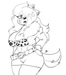  2023 anaugi animal_print anthro belt big_breasts black_and_white boa_(clothing) bottomwear breasts canid canine canis cheetah_print cleavage clothed clothing crop_top domestic_dog ear_piercing female gyaru hachimitsu hair hair_over_eye jacket lips long_hair mammal midriff monochrome navel one_eye_obstructed piercing scar shirt signature simple_background sketch skirt solo thick_lips topwear tube_top white_background 