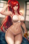  1girl bandages bare_arms blurry blurry_background bra breasts brown_eyes erza_scarlet fairy_tail hand_up holding holding_sword holding_weapon light_smile lingerie lips looking_at_viewer navel neoartcore panties parted_lips ponytail red_hair seiza sheath sheathed sitting solo sword underwear weapon white_bra white_panties 