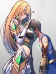  1boy 1girl absurdres blonde_hair blush breast_smother brown_hair chest_jewel earrings face_to_breasts gloves godcastetlnoa hand_on_another&#039;s_head headpat headpiece height_difference highres jewelry looking_at_another looking_down mythra_(xenoblade) rex_(xenoblade) tiara xenoblade_chronicles_(series) xenoblade_chronicles_2 