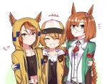  3girls animal_ears baseball_cap black_shirt blush brown_hair collared_shirt commentary cropped_shirt dictus_striker ear_ornament ears_through_headwear facing_viewer green_jacket grey_eyes hat highres hood hooded_jacket horse_ears horse_girl ikuno_dictus_(umamusume) jacket jewelry ka_(ka_p019) long_hair long_sleeves looking_at_viewer low-tied_long_hair midriff multicolored_hair multiple_girls navel necklace necktie orange_hair red_necktie satake_mei shirt short_hair simple_background smile streaked_hair thick_eyebrows two-tone_hair umamusume umamusume:_cinderella_gray upper_body white_background white_hair white_shirt yellow_eyes yellow_jacket 